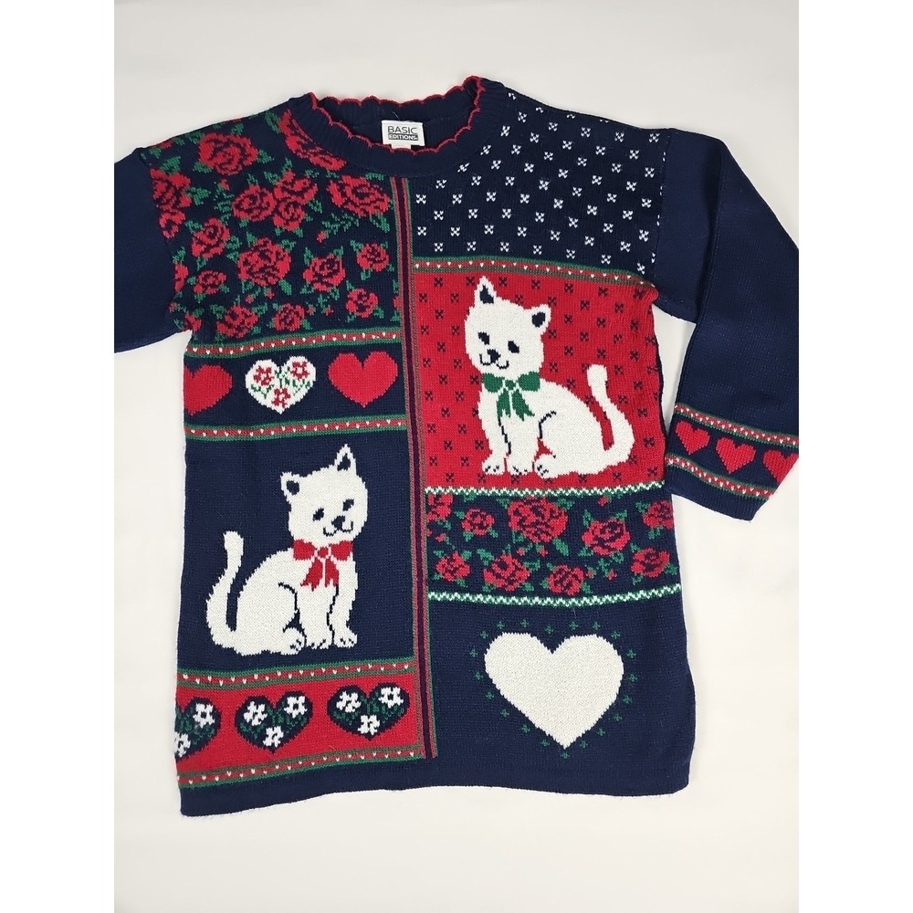 Vintage 90's Basic Editions  Kitty Cat Blue Knit Sweater Womens M Hearts Roses‎